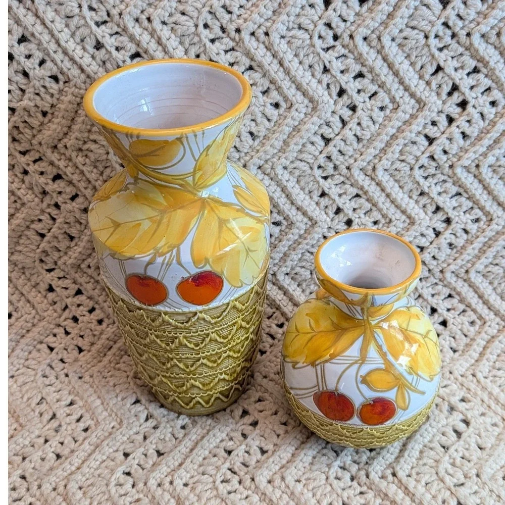 Vintage Italian FRATELLI FANCIULLACCI Pottery Vase Set Hand Painted Yellow Leaf